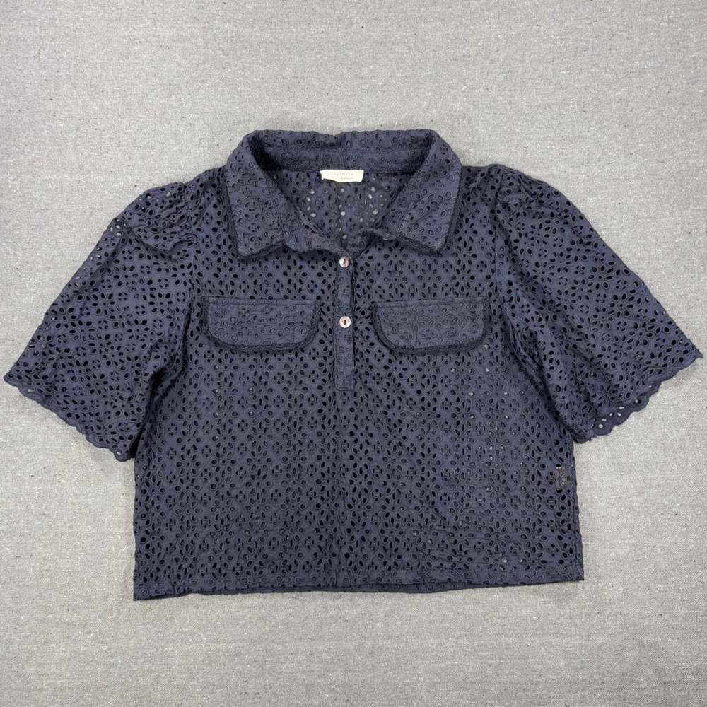 Lovestitch Eyelet Lace Blouse Women Medium Navy Blue Cotton Puff Sleeve Top